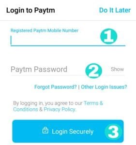 Login to Paytm fill mobile number and paytm password