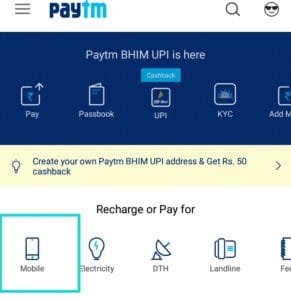 Paytm home page click Recharge for Mobile