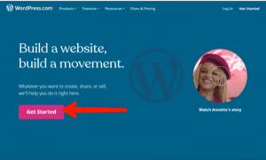 WordPress home page click on get started