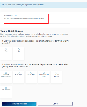 Enter OTP and take a quick survey to download electronic copy of aadhaar