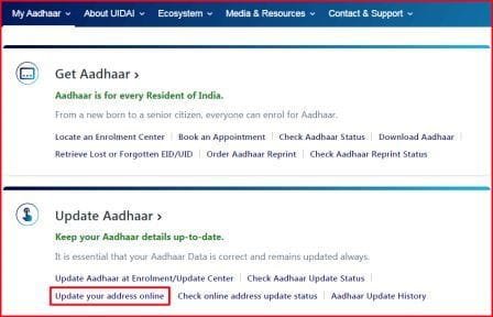 website Uidai.gov.in home page and red arrow point on update address online option.
