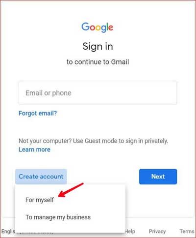 Google Sign in page red arrow point on Creat account.