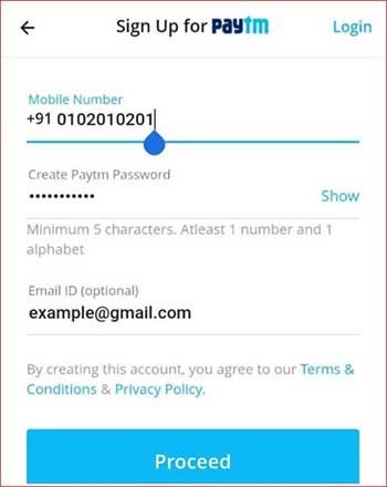 Sign up for Paytm fill mobile number Aand create paytm password