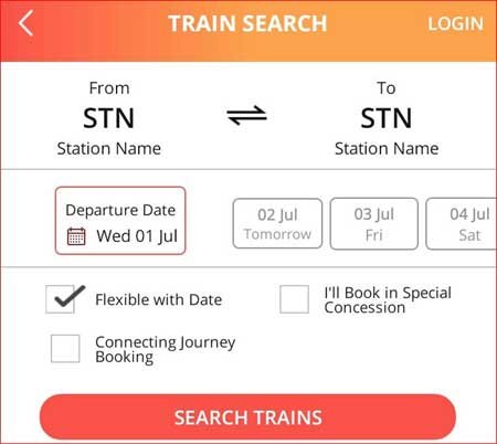 Select source and destination station address for searching trains.