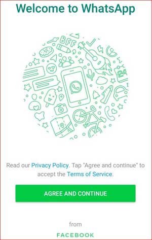 Welcome to Whatsapp tab and agree and continue button