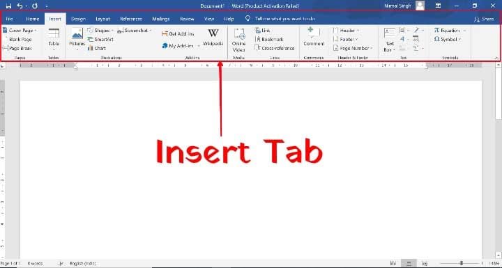 ms word insert tab