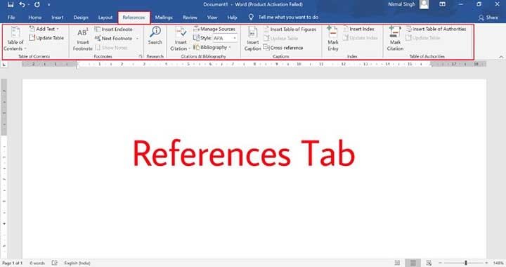 References Tab in MS Word