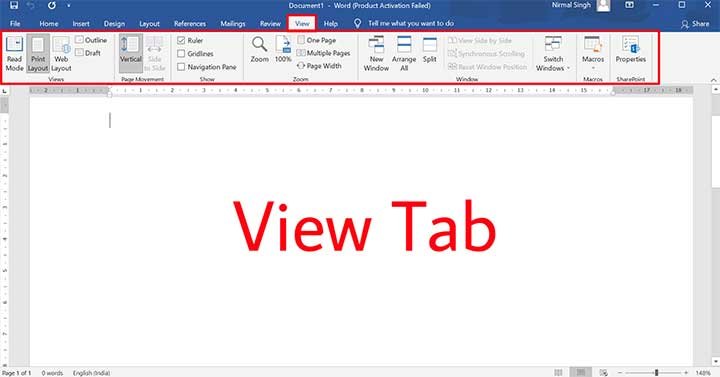 ms word view tab in hindi