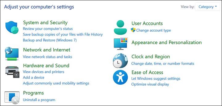 Control Panel Category View