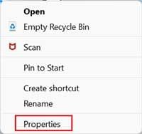 Select the Properties Option