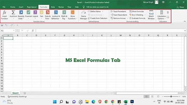 Microsoft Excel Formulas Tab in Hindi