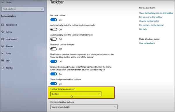 change taskbar position on screen
