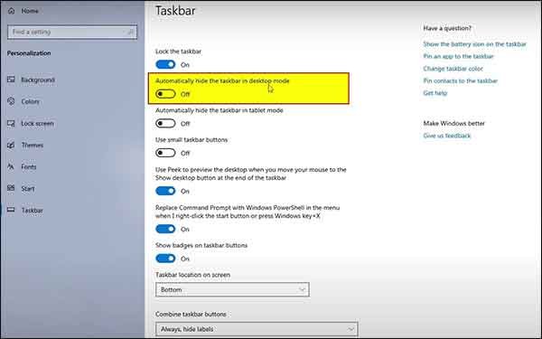 hide taskbar in windows